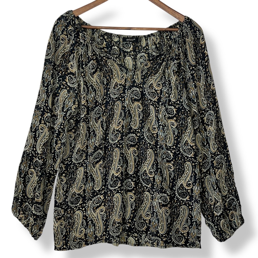 Tolani M 100% Silk Paisley Peasant Blouse Black Gold Tie Neck Long Sleeve Boho